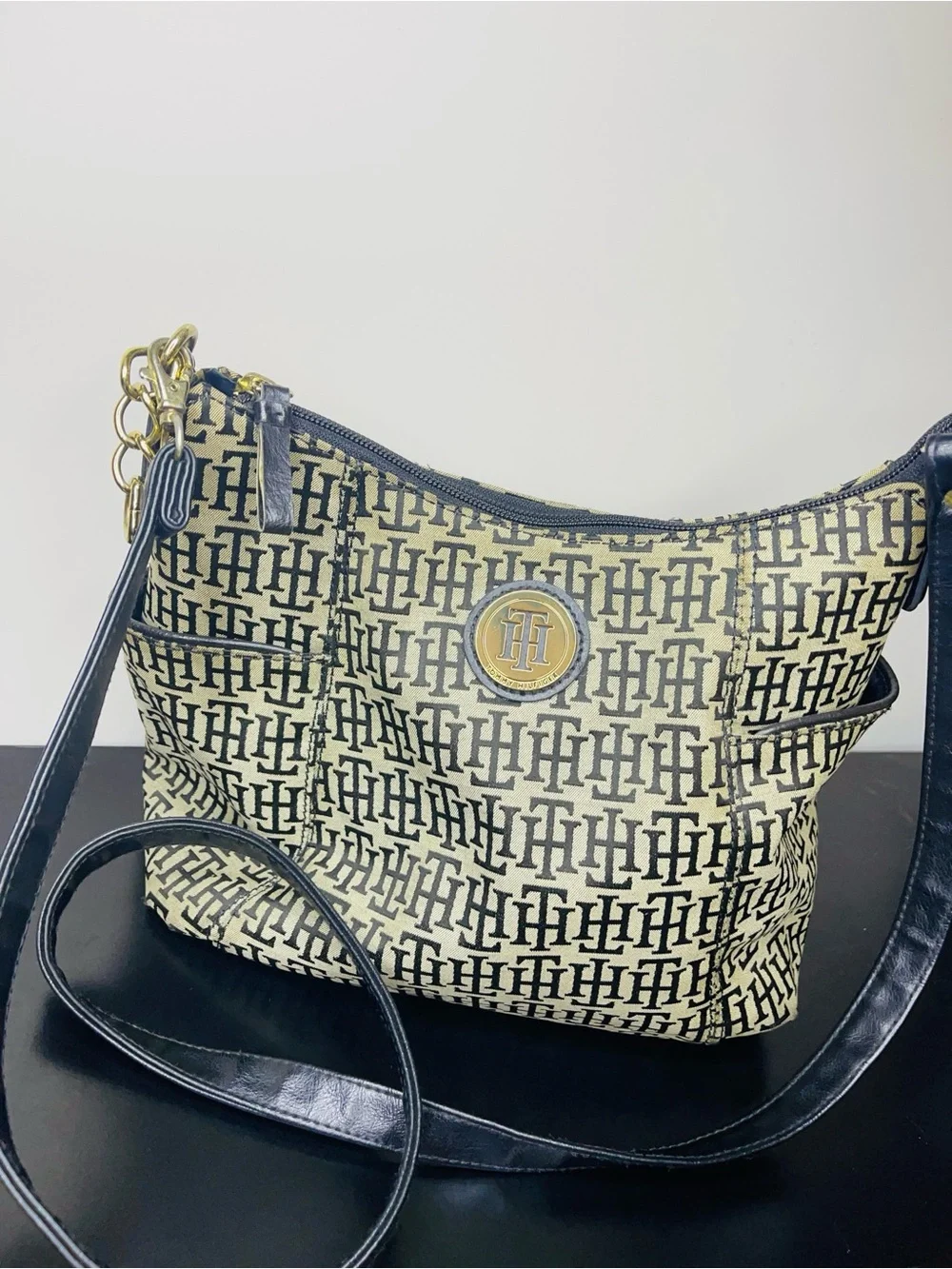 Tommy Hilfiger | Beige and Black Signature Monogram Jacquard Hobo